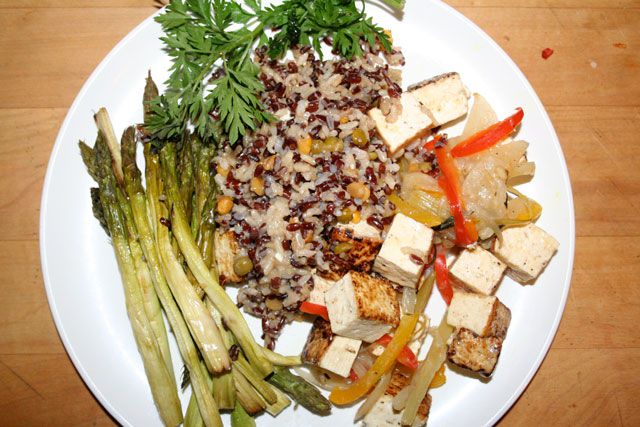 Tofu scarpariello (with sautÃ©ed bell peppers, celery, herbs); roasted asparagus with parmesan; Italian heirloom rices